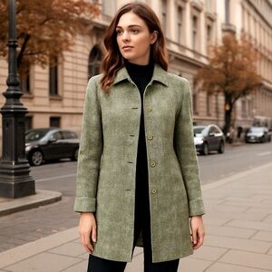 Dialogue Olive Houndstooth Tweed Trench Coat Size 10